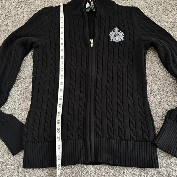 Ralph Lauren Black Cable Knit Full Zip Sweater Jacket RL Crest Logo vintage M - Picture 3 of 7